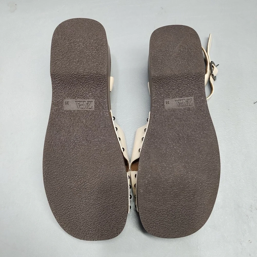 Zara Cross-Strap Sandals Womens Size 35 Tan Brown Studded Detail Buckle Closure - Picture 8 of 10